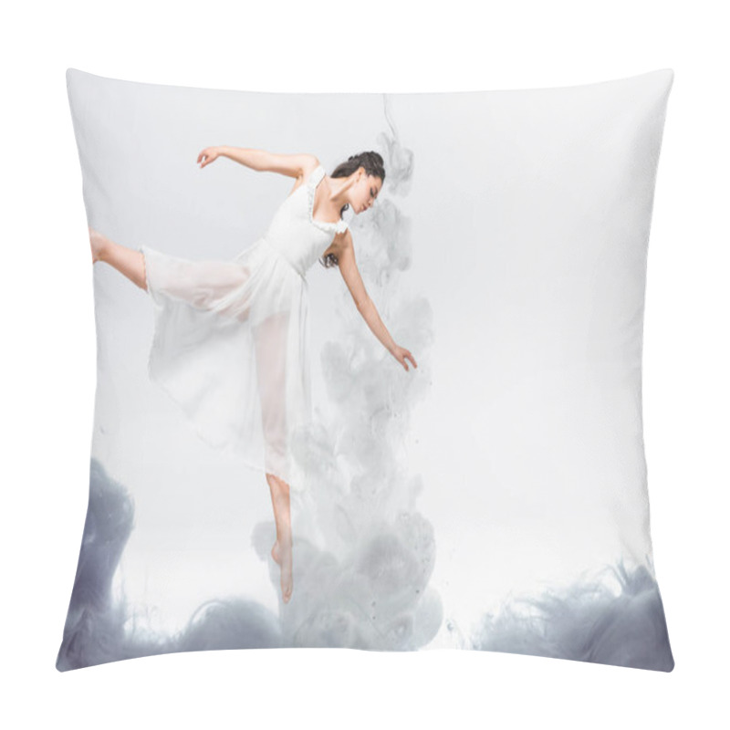 Personality  Young Graceful Ballerina In White Dress Dancing In Grey Smoke On Grey Background Pillow Covers