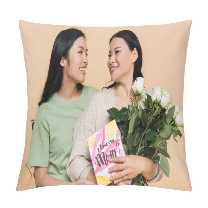 Personality  Cheerful Asian Woman Hugging Mother With Roses And Greeting Card Isolated On Beige Pillow Covers