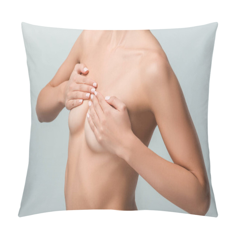 Personality  Cropped View Of Naked Girl Covering Breasts Isolated On Grey  Pillow Covers