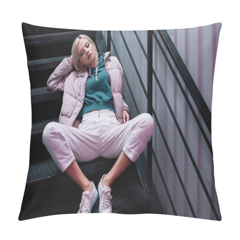 Personality  Pensive Blonde Girl In Down Jacket And Sneakers Sitting On Stairs Pillow Covers