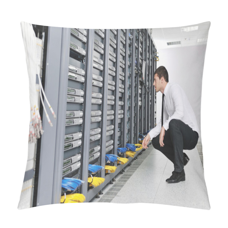 Personality  Young Handsome Business Man In Black Suit Practice Yoga And Relax At Network Server Room While Representing Stress Control Concept Pillow Covers