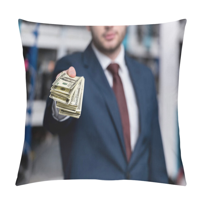 Personality  Cropped Shot Of Young Businessman Holding Stack Of Cash At Ethereum Mining Farm Pillow Covers