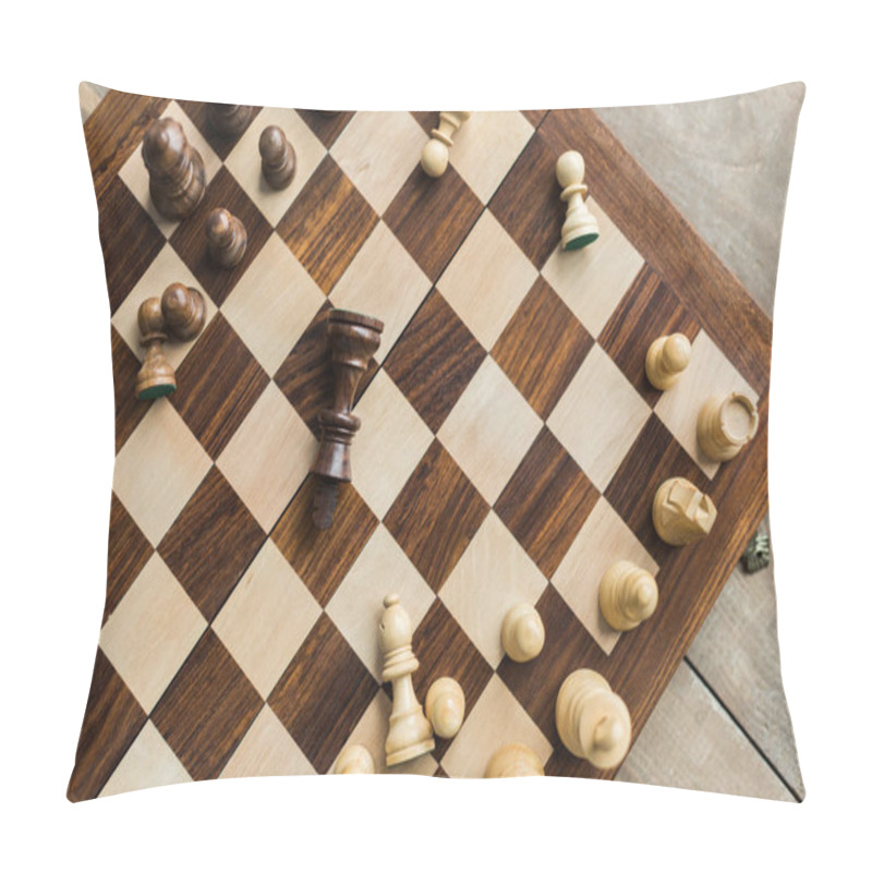 Personality  Chess Board With Scattered Chess Figures On Wooden Surface Pillow Covers