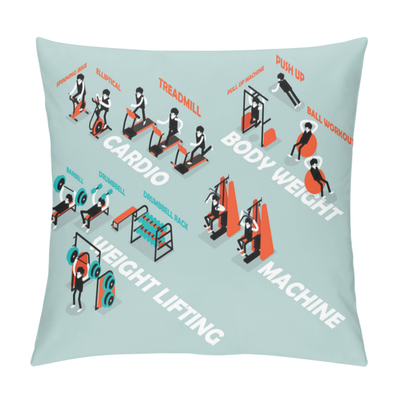 Personality  Beautiful Isometric Flat Design Of Info-graphic Workout In Gym, Info-graphic Workout Isometric Design Concept Pillow Covers