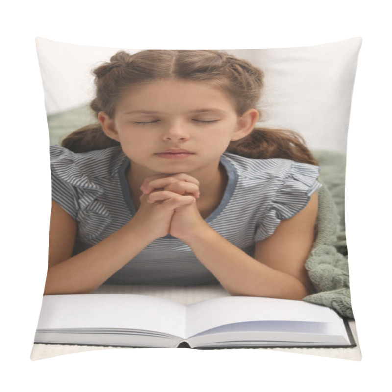 Personality  Cute Little Girl Praying Over Bible In Bedroom Pillow Covers