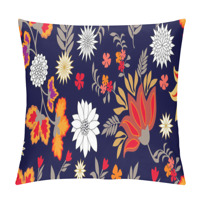 Personality  Colorful Fantasy Folk Art Style Flourish Border. Seamless Floral Pattern With Blooming Flowers And Grey Leaves.  Pillow Covers