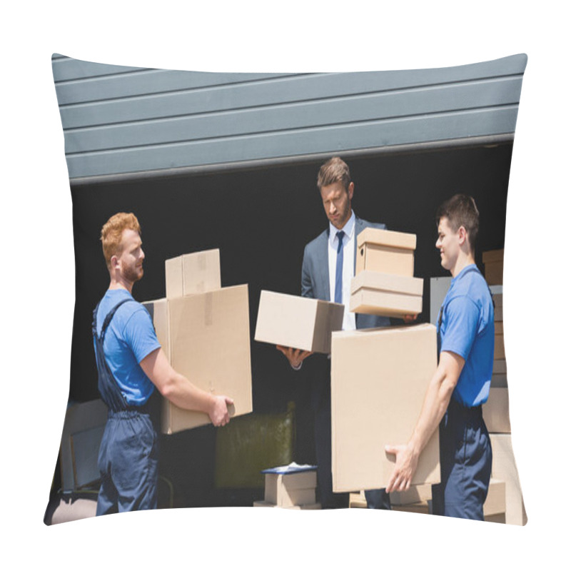 Personality  Confident Businessman Holding Packages Near Movers And Warehouse Outdoors  Pillow Covers