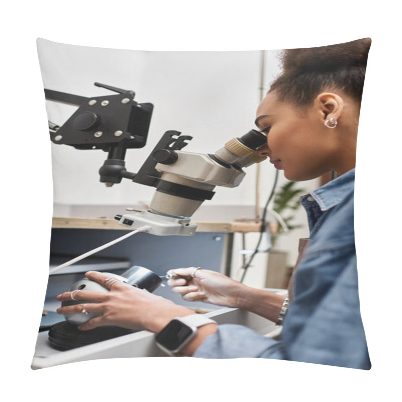 Personality  A Skilled Artisan Closely Inspects Delicate Jewels, Revealing Intricate Details And Craftsmanship. Pillow Covers