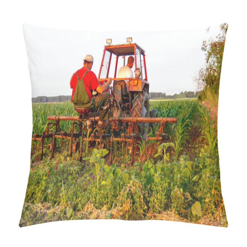 Personality  Farmers With Tractor Are Cultivating Field With Young Corn By Dragging Plow Machine Among Rows.  Pillow Covers