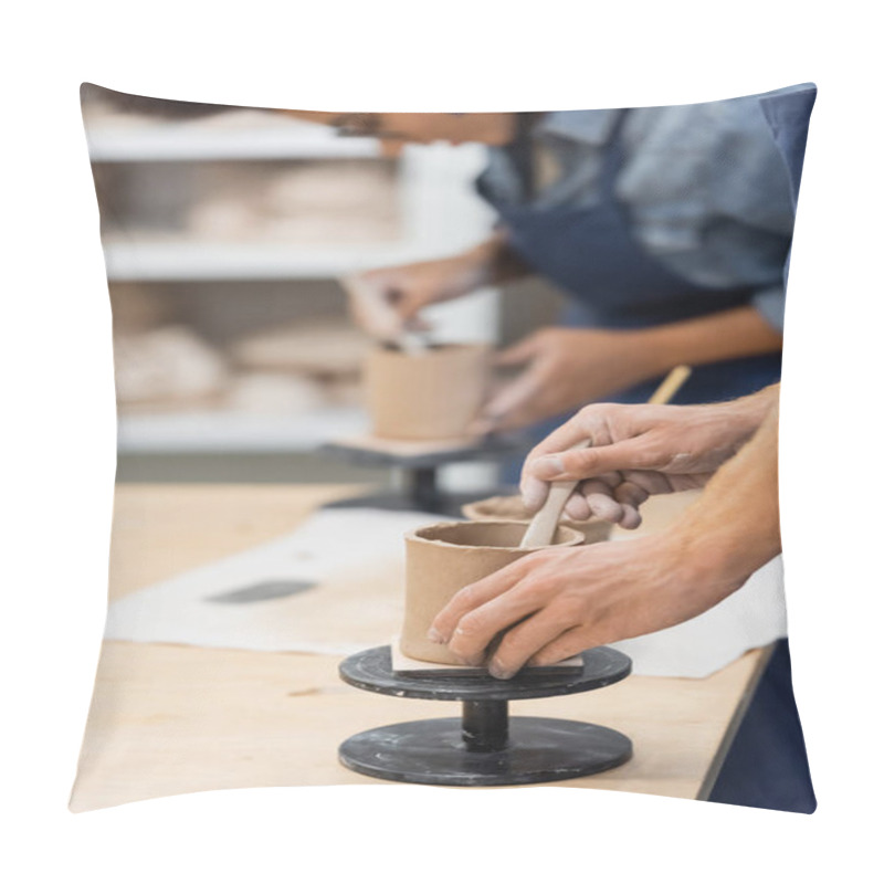 Personality  Man Forming Clay Cup Near Blurred African American Girlfriend In Pottery Workshop  Pillow Covers