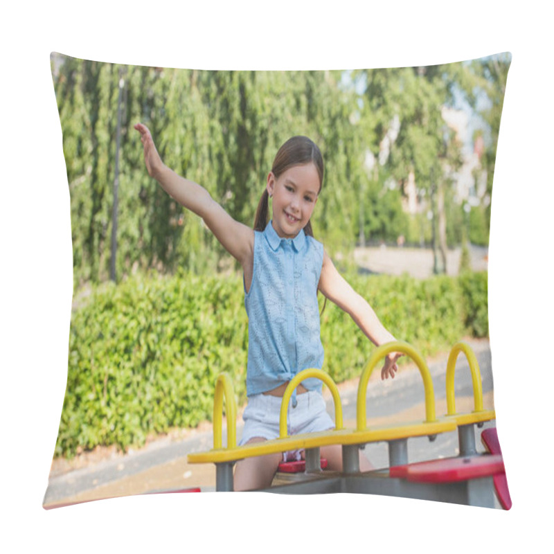 Personality  Excited Girl Looking At Camera While Riding Seesaw With Outstretched Hands Pillow Covers