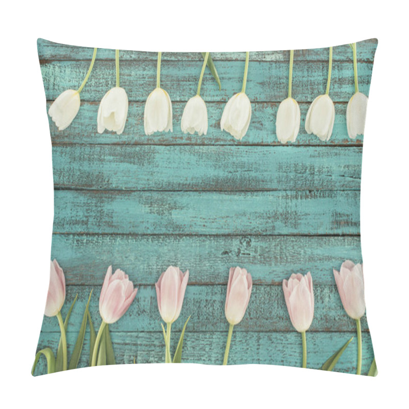 Personality  Tender Blooming Tulips Over Green Wooden Background With Copy Space Pillow Covers