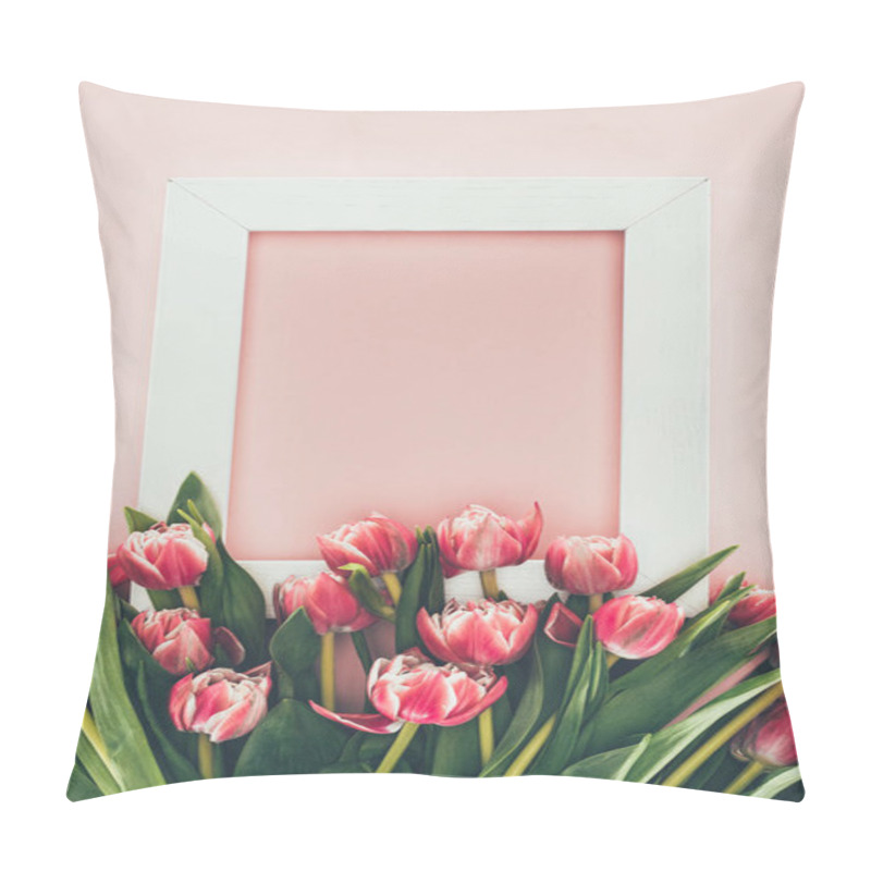 Personality  Bouquet Of Beautiful Pink Tulips With Green Leaves And Empty White Frame On Pink    Pillow Covers