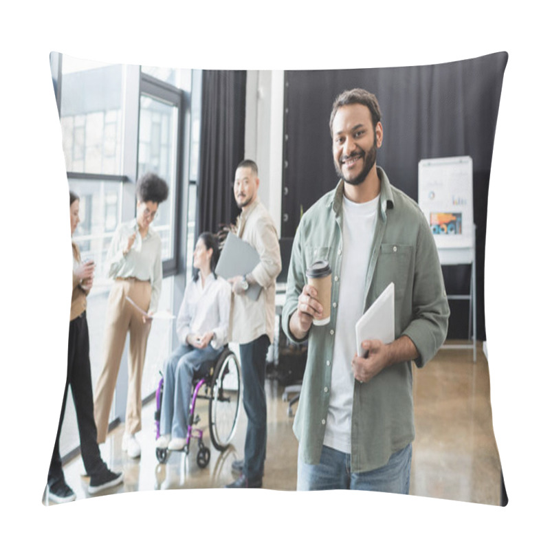 Personality  Cheerful Indian Office Worker Holding Coffee To Go And Tablet Near Diverse Startup Team In Coworking Pillow Covers