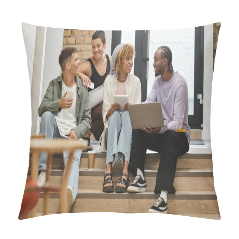 Personality  Cheerful Diverse Team Holding Gadgets And Discussing Project, Sitting On Stairs In Modern Coworking Pillow Covers