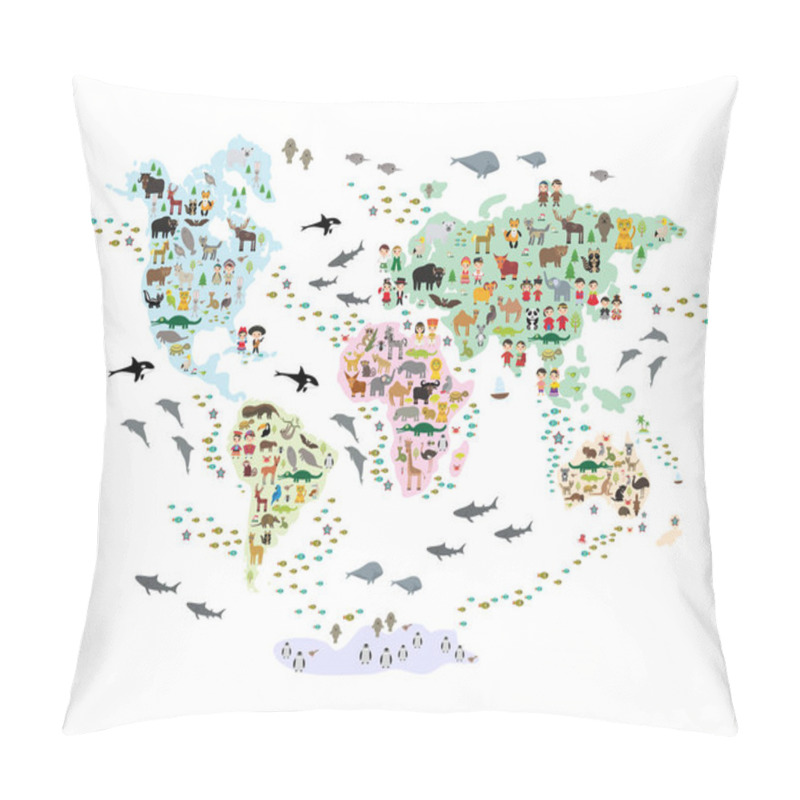 Personality  Cartoon Animal World Map For Children And Kids, Back To Schhool. Animals From All Over The World White Continents Islands Isolated On White Background Of Ocean And Sea. Scandinavian Decor. Vector Pillow Covers