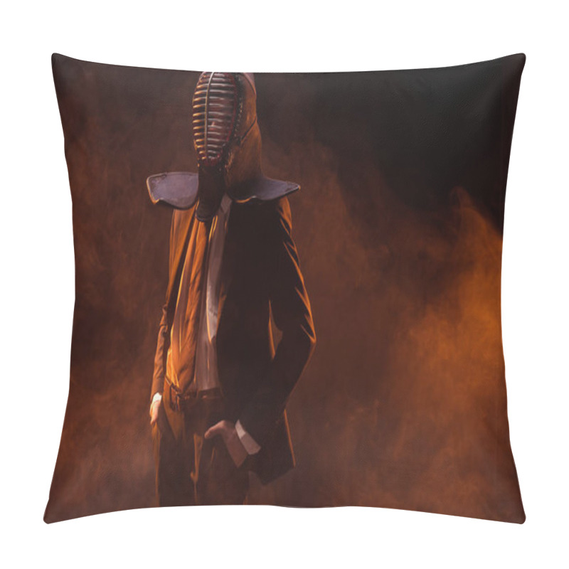 Personality  Confident Man In Formal Wear And Kendo Helmet Standing With Hands In Pockets On Dark Pillow Covers