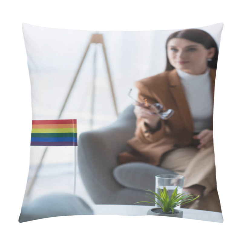 Personality  Selective Focus Of Small Lgbt Flag Near Blurred Psychologist In Consulting Room Pillow Covers