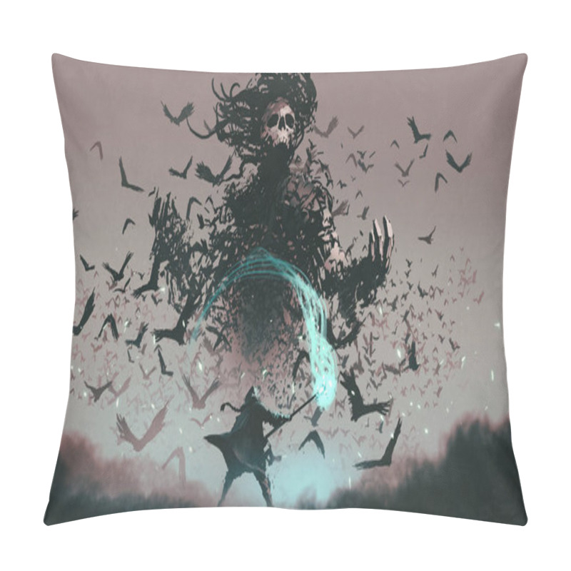 Personality  Fight Scene Of The Man With Magic Wizard Staff And The Devil Of Crows, Digital Art Style, Illustration Painting Pillow Covers