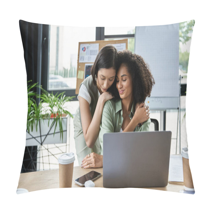 Personality  Two Women In A Loving Relationship Embrace At Work. Pillow Covers