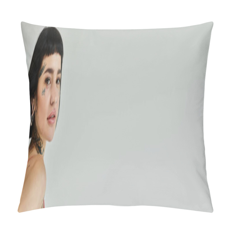 Personality  Tattooed Woman Poses Fashionably In A Contemporary Setting, Exuding Confidence. Pillow Covers