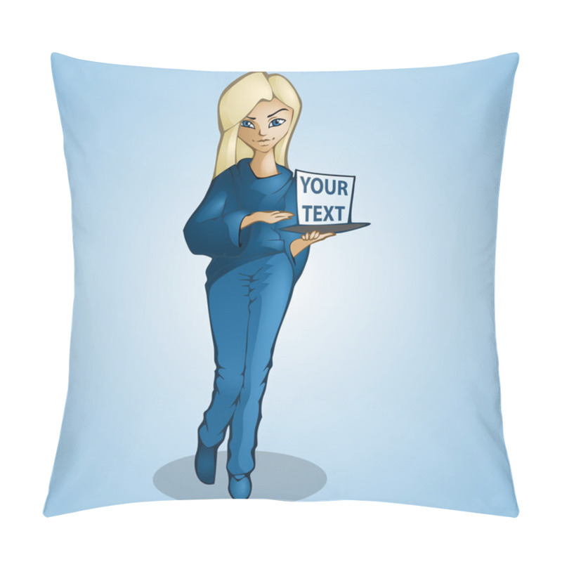 Personality  Beauty Girl With Board For Text. Vector Illustration. Pillow Covers