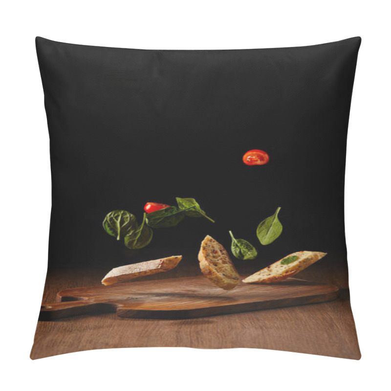 Personality  Bread Pieces And Salad Leaves With Tomatoes Flying Above Wooden Table Surface Pillow Covers