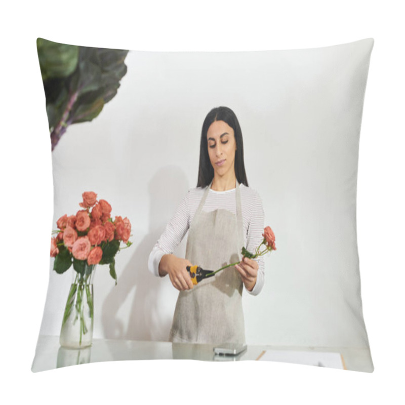 Personality  Beautiful Brunette Florist Skillfully Arranges Roses While Managing Her Small Business. Pillow Covers