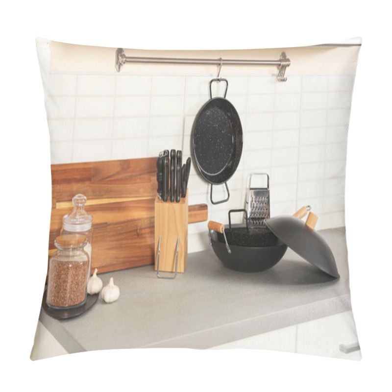 Personality  Set Of Clean Cookware, Utensils And Products On Table In Modern Kitchen Pillow Covers