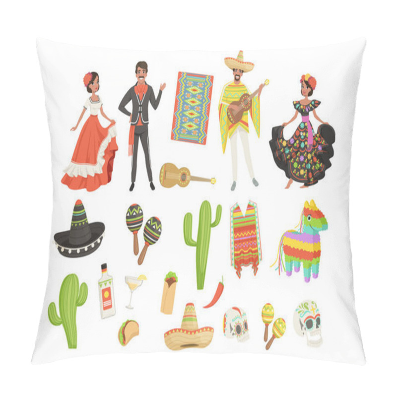 Personality  Set Of Cultural Symbols Mexico. Sombrero, Cactus, Poncho, Maracas, Taco, Pinata, Guitar, Skull. Hispanic Man And Woman In Traditional Costumes. Flat Vector Design Pillow Covers