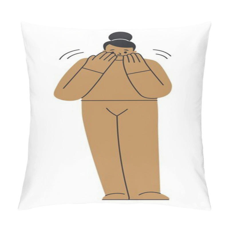 Personality  Woman Expressing Emotion Of Shame, Trying To Hide Face With Hands. Isolated Female Personage Embarrassed Or Feeling Ashamed. Guit And Humiliation, Shameful. Cartoon Character Vector In Flat Style Pillow Covers