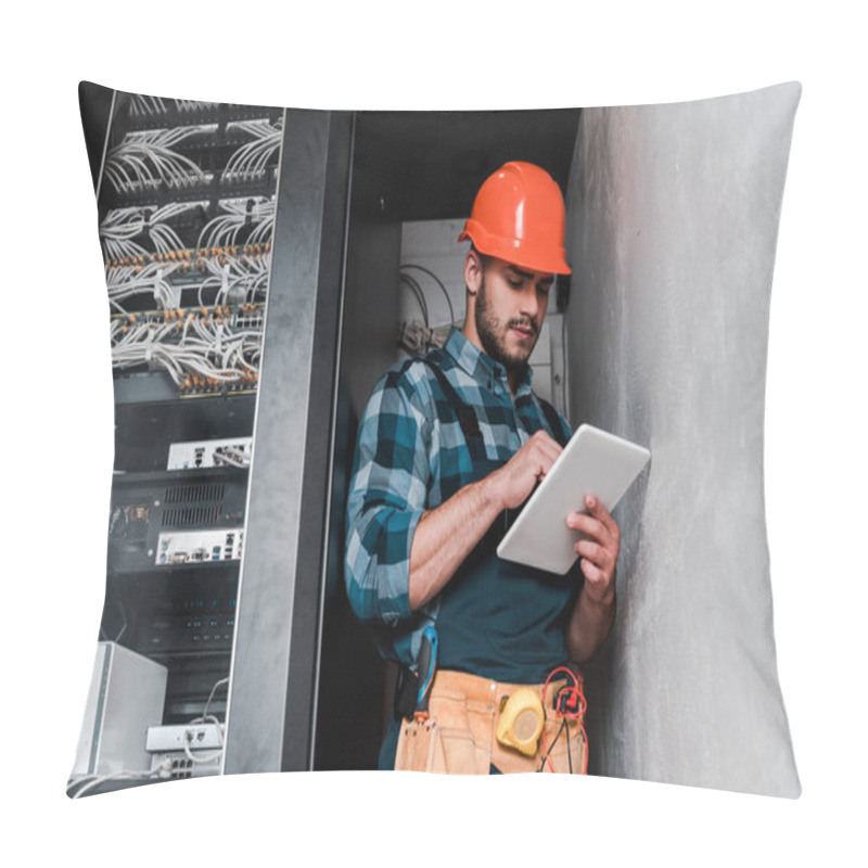 Personality  Handsome Bearded Technician In Safety Helmet Holding Digital Tablet  Pillow Covers