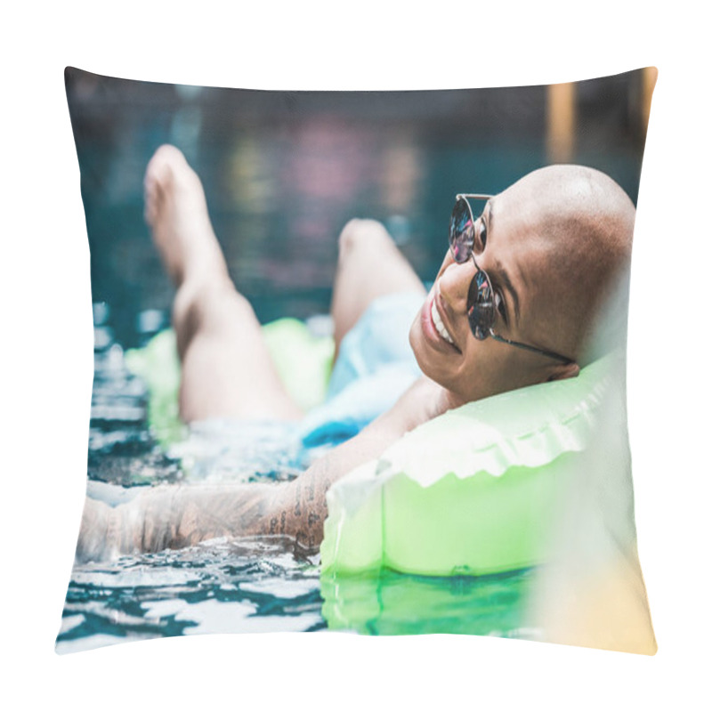 Personality  Smiling Man Resting On Inflatable Mattress Looking At Camera In Swimming Pool  Pillow Covers