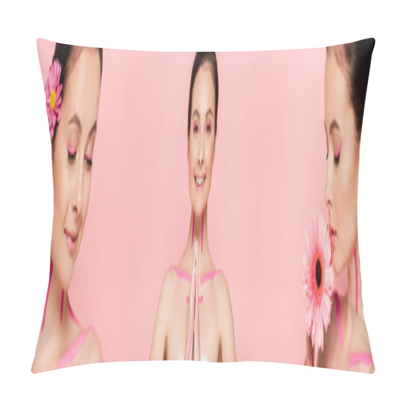 Personality  Collage Of Happy Naked Beautiful Woman With Pink Lines On Body And Flowers Isolated On Pink, Panoramic Shot Pillow Covers