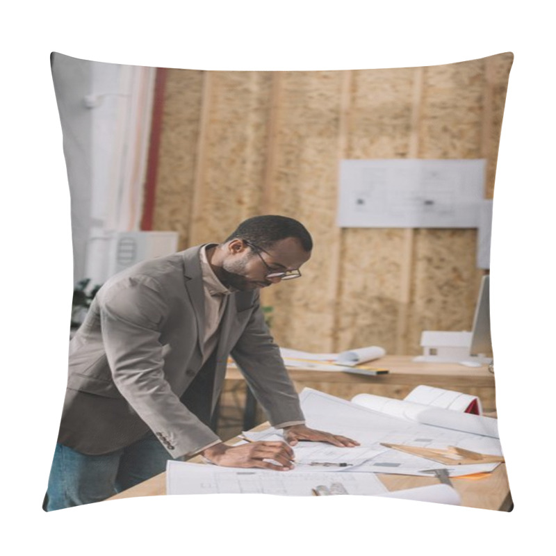 Personality  Handsome African American Architect Drawing Architectural Plans At Workplace Pillow Covers