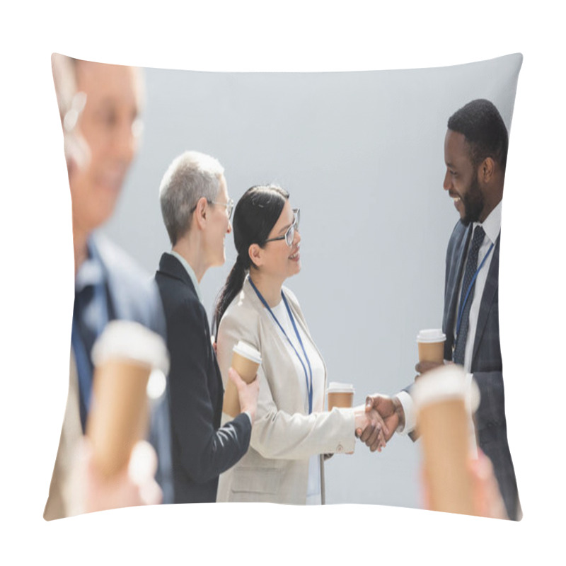 Personality  Selective Focus Of Multiethnic Business People Shaking Hands Near Colleagues During Coffee Break Pillow Covers