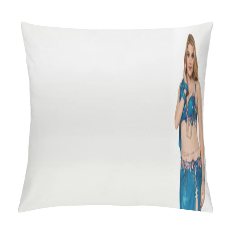 Personality  Woman In Captivating Blue Belly Dance Costume Performs With Grace. Pillow Covers