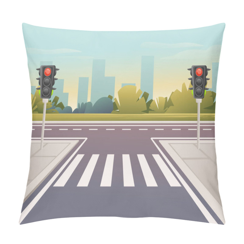 Personality  Empty City Road With Pedestrian Crossing And Traffic Lights Sunny Day With Clear Sky Vector Illustration Pillow Covers