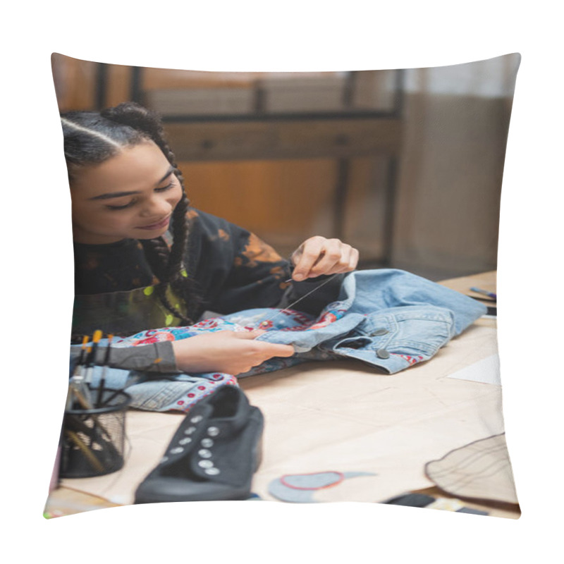 Personality  Smiling African American Craftswoman Embroidering Denim Jacket Near Sewing Pattern In Workshop  Pillow Covers