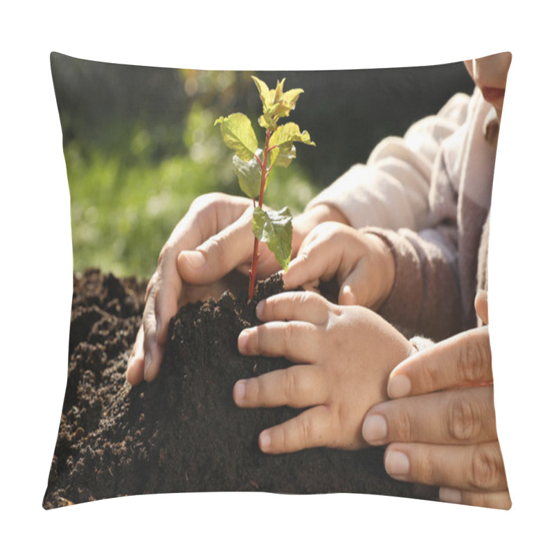 Personality  Mother And Daughter Planting Young Tree In Garden, Closeup Pillow Covers