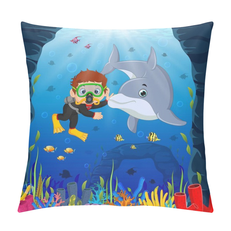 Personality  Cartoon Boy Diving In The Sea With Dolphin Pillow Covers