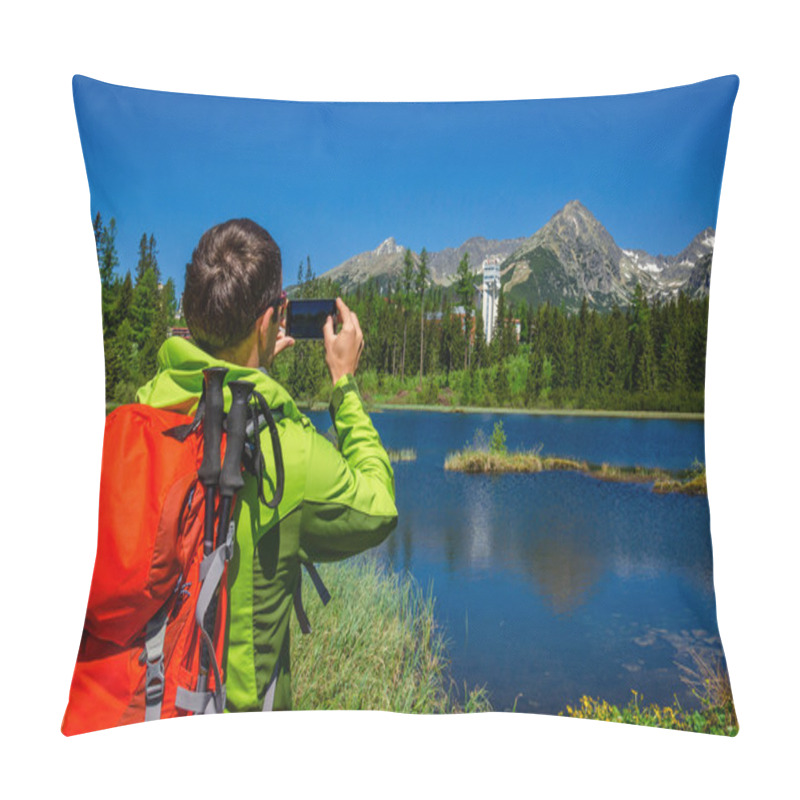 Personality  Man Takes Picture Of Mountains And Lake Pillow Covers