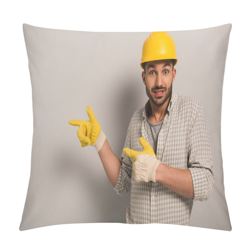 Personality  Surprised Workman In Helmet And Safety Gloves Pointing On Grey  Pillow Covers