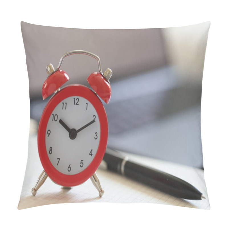 Personality  Alarm Clock With Pen On Blank Page With Blurry Laptop In Background. Time For Creativity And Writing Goals For Future Concept. Pillow Covers