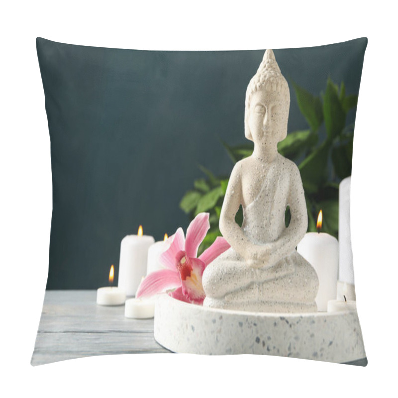 Personality  Composition With Buddha And Candles On Wooden Table. Zen Concept Pillow Covers