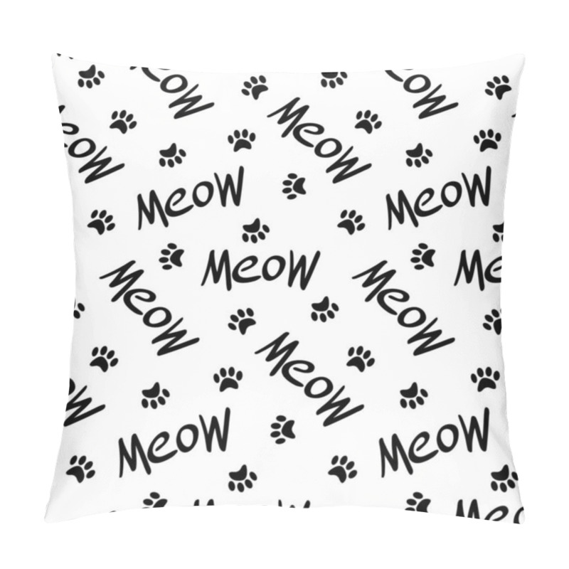 Personality  Seamless Pattern With Meow Lettering And Paws Pillow Covers