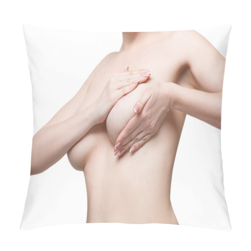 Personality  Examining Breasts. Close-up Of Young Shirtless Woman Examining Her Breasts While. Isolated White Background Pillow Covers