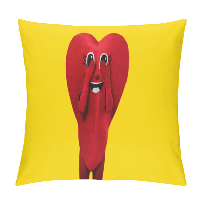 Personality  Person In Heart Costume Touching Cartoon Eyes Isolated On Yellow Pillow Covers