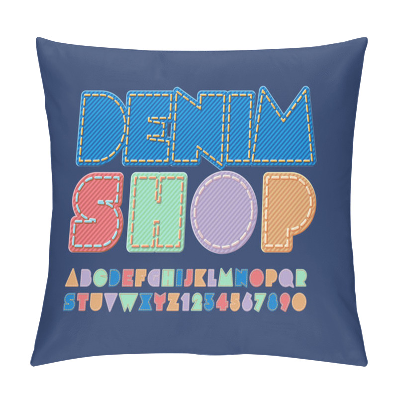 Personality  Vector Cool Sign Denim Shop. Jeans Texture Font. Stylish Alphabet Letters, Numbers And Symbols For Fashion Store Pillow Covers