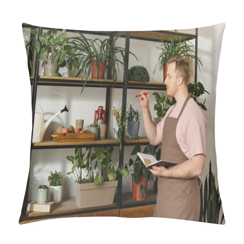 Personality  A Man Standing Proudly Amidst A Lush Collection Of Potted Plants In His Small Business Florist Shop. Pillow Covers